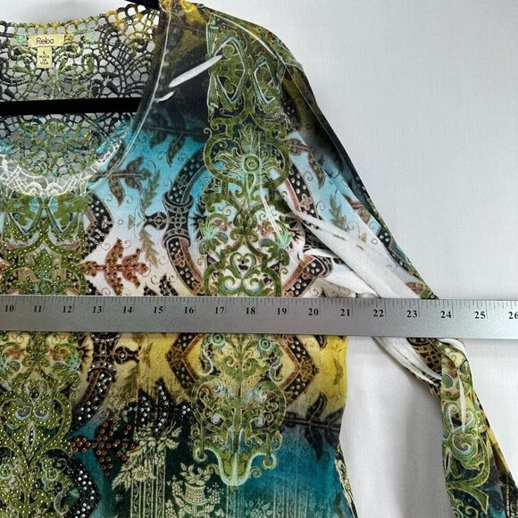 Reba Tunic Womens Sz L Burnout Ombre Lace Trim Asymmetric Long Sleeve Multicolor - Picture 8 of 10